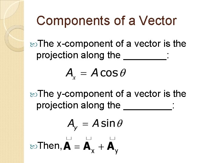 Components of a Vector The x-component of a vector is the projection along the