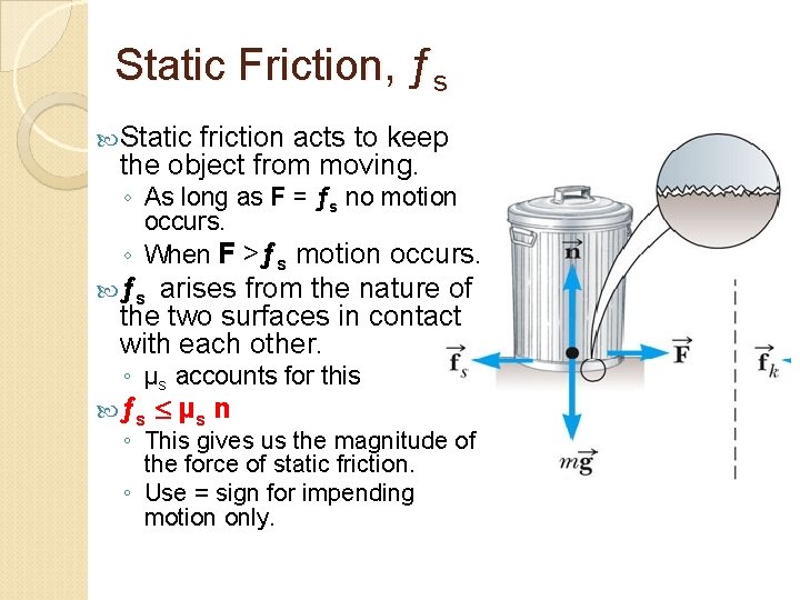 Static Friction, ƒs Static friction acts to keep the object from moving. ◦ As