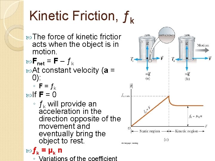 Kinetic Friction, ƒk The force of kinetic friction acts when the object is in