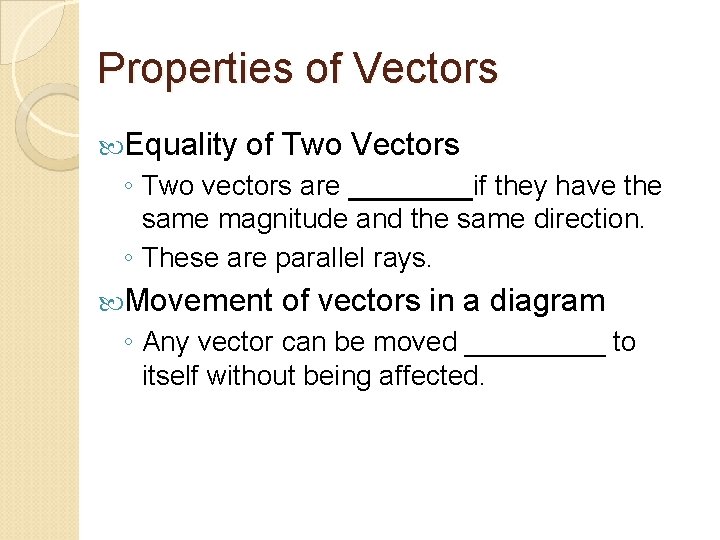 Properties of Vectors Equality of Two Vectors ◦ Two vectors are ____if they have