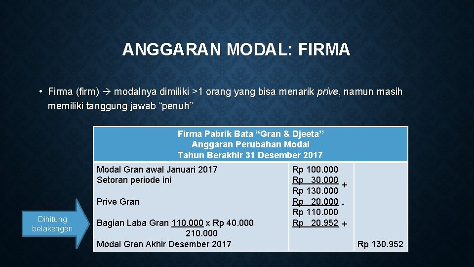 ANGGARAN MODAL: FIRMA • Firma (firm) modalnya dimiliki >1 orang yang bisa menarik prive,