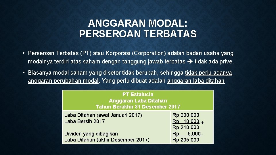 ANGGARAN MODAL: PERSEROAN TERBATAS • Perseroan Terbatas (PT) atau Korporasi (Corporation) adalah badan usaha