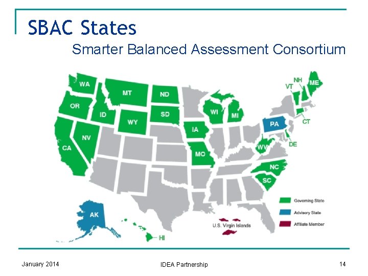 SBAC States vvvjhhhhhhh Smarter Balanced Assessment Consortium January 2014 IDEA Partnership 14 