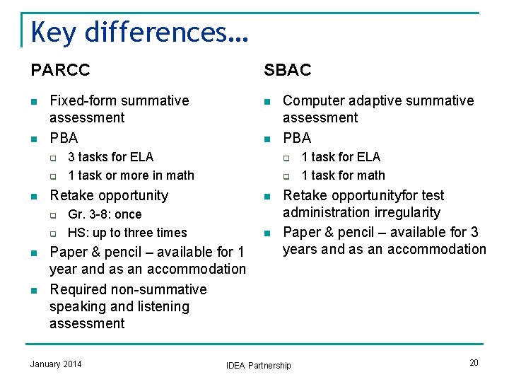 Key differences… PARCC n n Fixed-form summative assessment PBA q q n n n