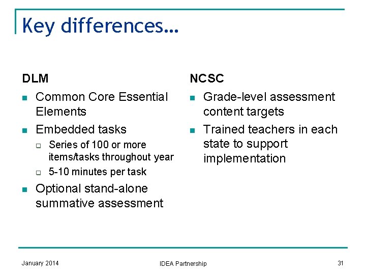 Key differences… DLM n n Common Core Essential Elements Embedded tasks q q n
