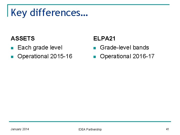 Key differences… ASSETS n n Each grade level Operational 2015 -16 January 2014 ELPA