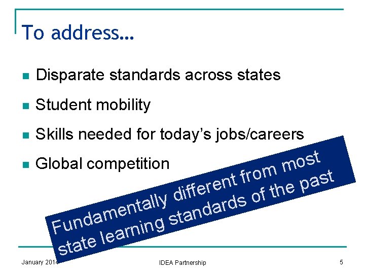 To address… n Disparate standards across states n Student mobility n Skills needed for