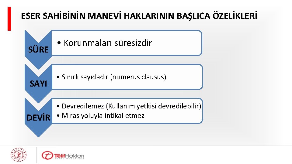 ESER SAHİBİNİN MANEVİ HAKLARININ BAŞLICA ÖZELİKLERİ SÜRE SAYI DEVİR • Korunmaları süresizdir • Sınırlı
