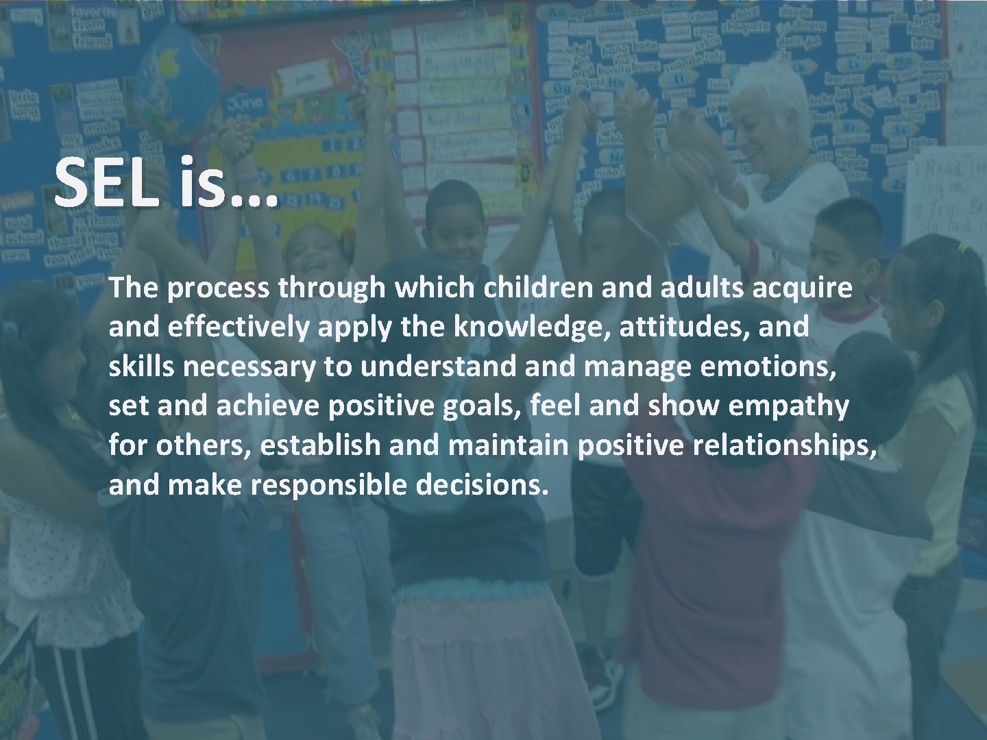 SEL is… The process through which children and adults acquire and effectively apply the