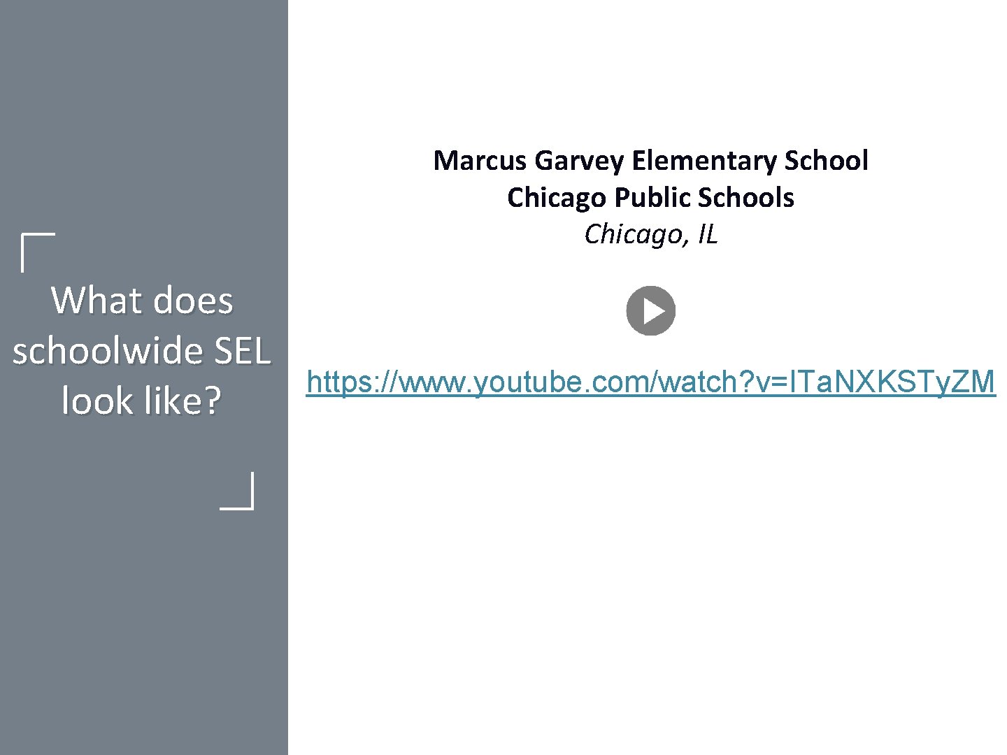 Marcus Garvey Elementary School Chicago Public Schools Chicago, IL What does schoolwide SEL look