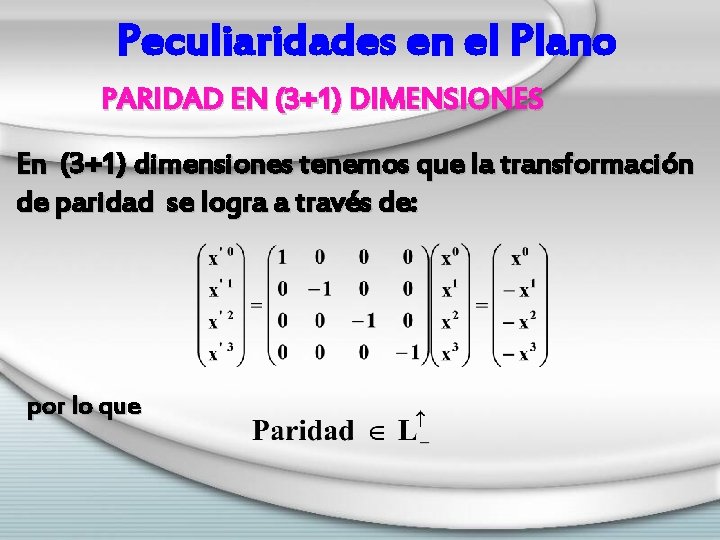 Peculiaridades en el Plano PARIDAD EN (3+1) DIMENSIONES En (3+1) dimensiones tenemos que la