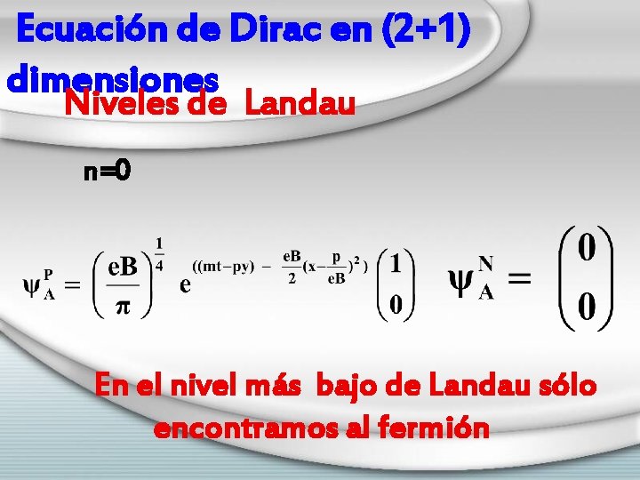 Ecuación de Dirac en (2+1) dimensiones Niveles de Landau n=0 En el nivel más