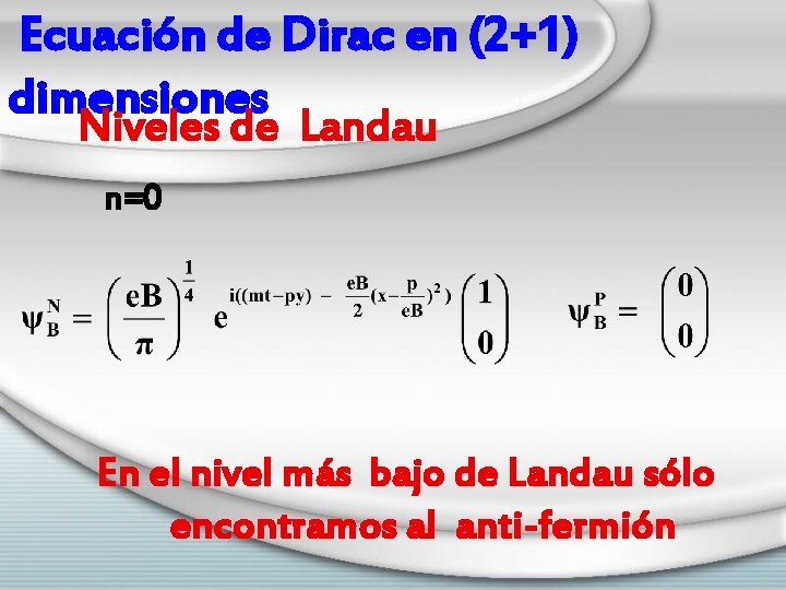 Ecuación de Dirac en (2+1) dimensiones Niveles de Landau n=0 En el nivel más