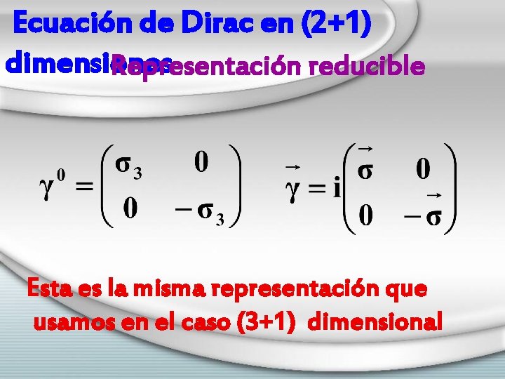 Ecuación de Dirac en (2+1) dimensiones Representación reducible Esta es la misma representación que