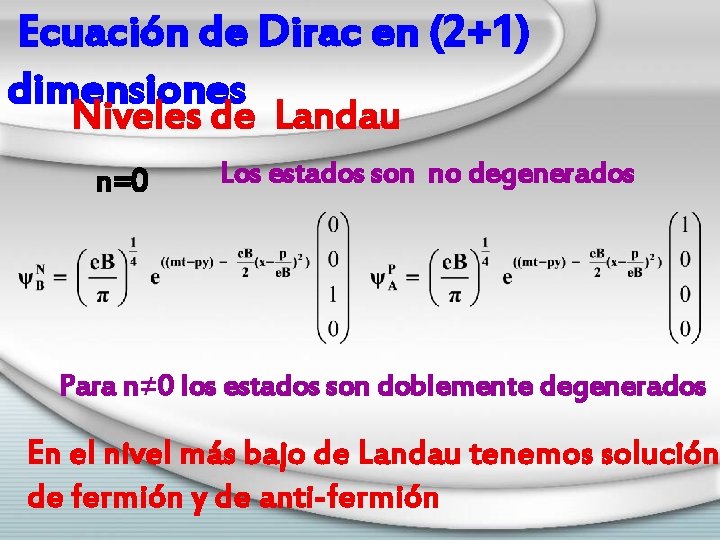 Ecuación de Dirac en (2+1) dimensiones Niveles de Landau n=0 Los estados son no