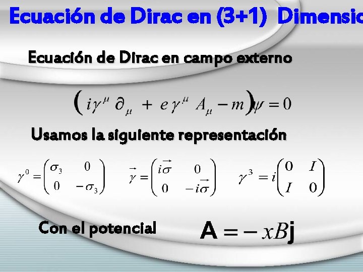 Ecuación de Dirac en (3+1) Dimensio Ecuación de Dirac en campo externo Usamos la