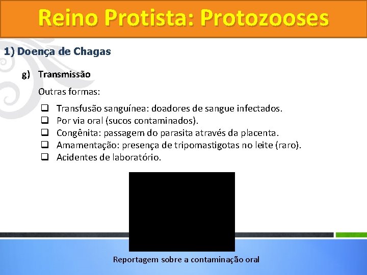 Reino Protista: Protozooses 1) Doença de Chagas g) Transmissão Outras formas: q q q Reino Protista: Protozooses 1) Doença de Chagas g) Transmissão Outras formas: q q q