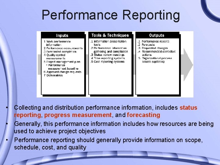 Performance Reporting • Collecting and distribution performance information, includes status reporting, progress measurement, and