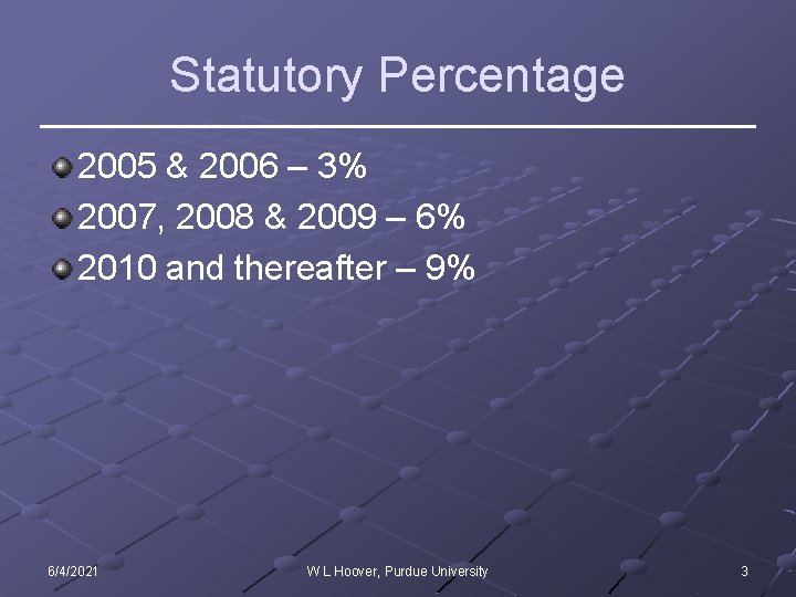 Statutory Percentage 2005 & 2006 – 3% 2007, 2008 & 2009 – 6% 2010