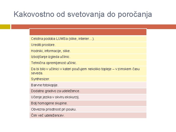 Kakovostno od svetovanja do poročanja Celotna podoba LUMSa (slike, interier…). Urediti prostore. Hodniki, informacije,