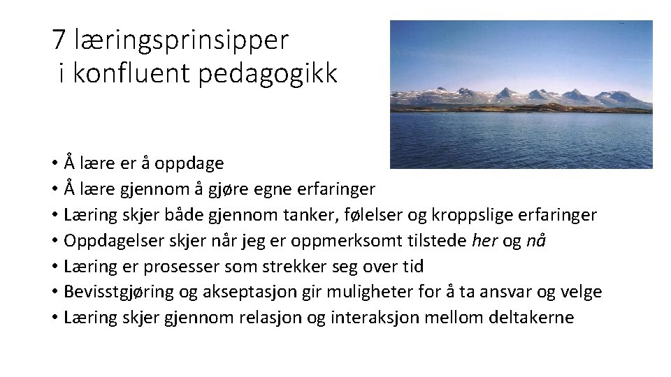 7 læringsprinsipper i konfluent pedagogikk • Å lære er å oppdage • Å lære