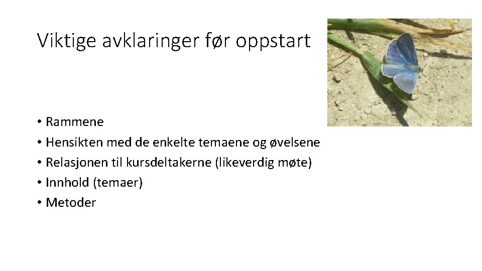 Viktige avklaringer før oppstart • Rammene • Hensikten med de enkelte temaene og øvelsene