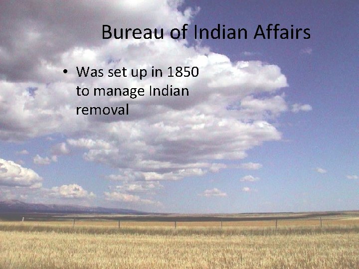 Bureau of Indian Affairs • Was set up in 1850 to manage Indian removal