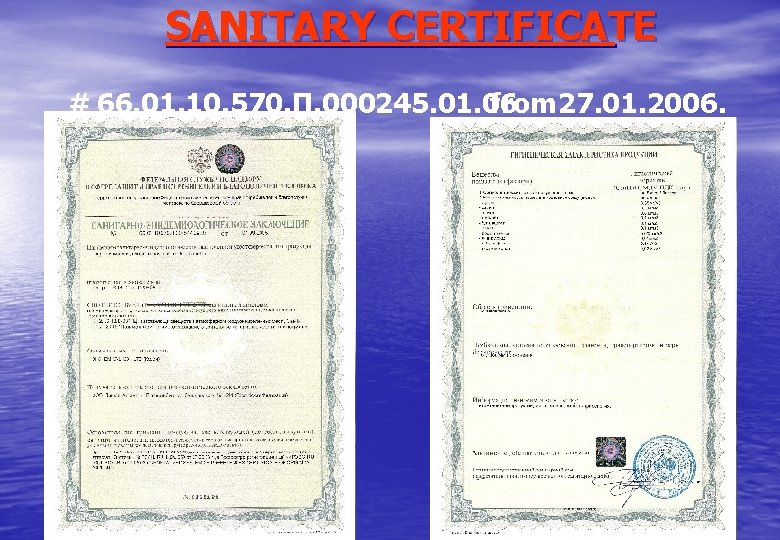 SANITARY CERTIFICATE # 66. 01. 10. 570. П. 000245. 01. 06 from 27. 01.