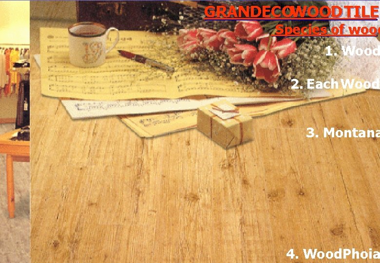 GRANDECOWOOD TILE Species of wood 1. Wood 2. Each Wood 3. Montana 4. Wood.