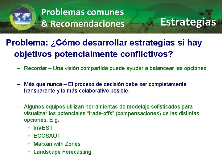 Problemas comunes & Recomendaciones Estrategias Problema: ¿Cómo desarrollar estrategias si hay objetivos potencialmente conflictivos?