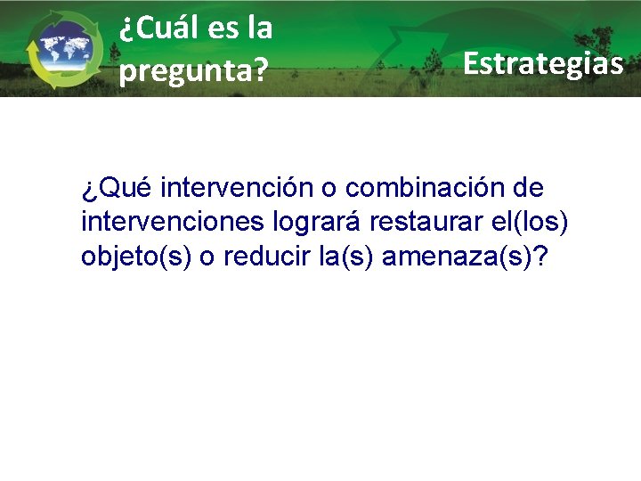 ¿Cuál es la pregunta? Estrategias ¿Qué intervención o combinación de intervenciones logrará restaurar el(los)