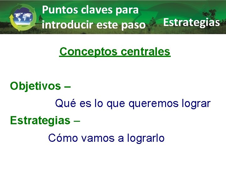 Puntos claves para introducir este paso Estrategias Conceptos centrales Objetivos – Qué es lo