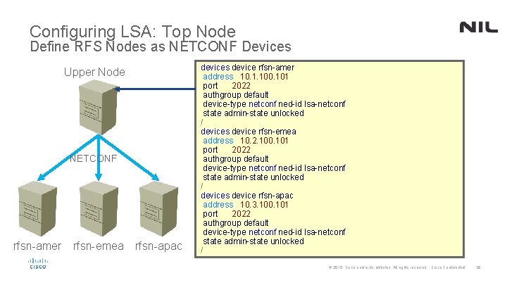 Configuring LSA: Top Node Define RFS Nodes as NETCONF Devices Upper Node NETCONF rfsn-amer