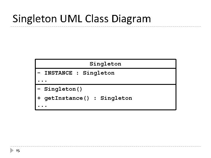 Singleton UML Class Diagram Singleton - INSTANCE : Singleton. . . - Singleton() + Singleton UML Class Diagram Singleton - INSTANCE : Singleton. . . - Singleton() +