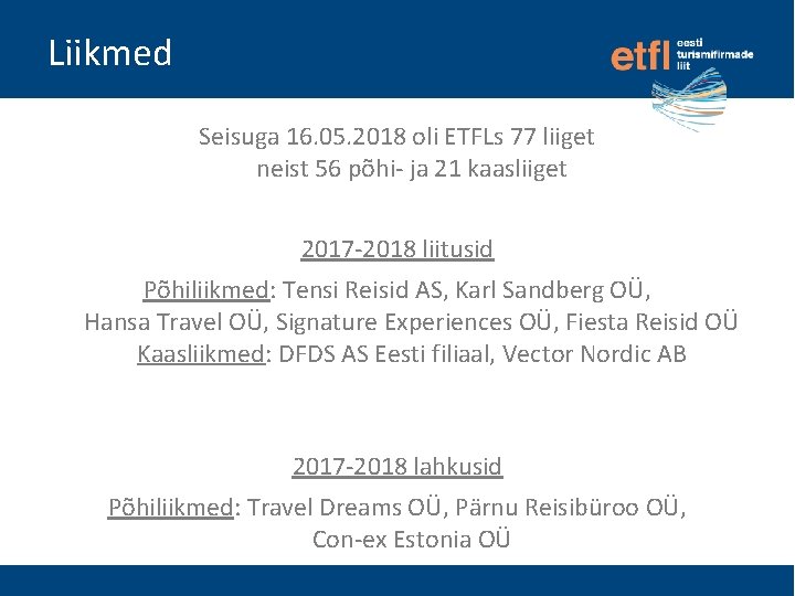 Liikmed Seisuga 16. 05. 2018 oli ETFLs 77 liiget neist 56 põhi- ja 21