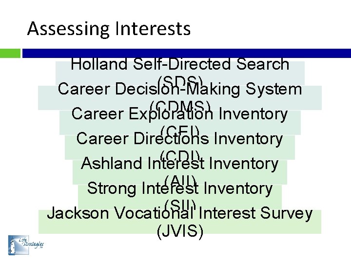 Assessing Interests Holland Self-Directed Search (SDS) Career Decision-Making System (CDMS) Career Exploration Inventory (CEI)