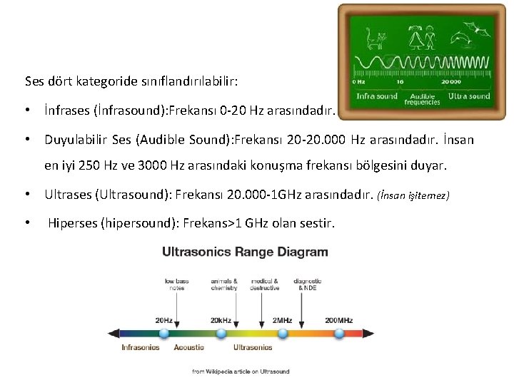 Ses dört kategoride sınıflandırılabilir: • İnfrases (İnfrasound): Frekansı 0 -20 Hz arasındadır. • Duyulabilir