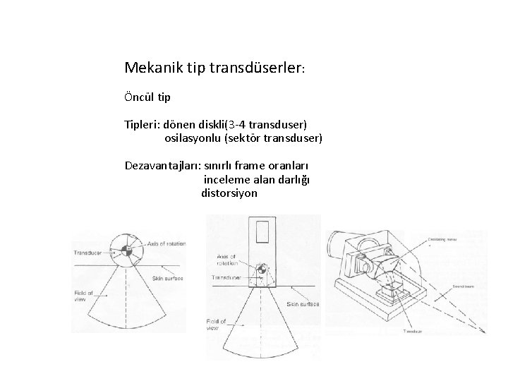 Mekanik tip transdüserler: Öncül tip Tipleri: dönen diskli(3 -4 transduser) osilasyonlu (sektör transduser) Dezavantajları: