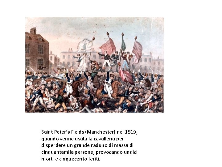 Saint Peter’s Fields (Manchester) nel 1819, quando venne usata la cavalleria per disperdere un