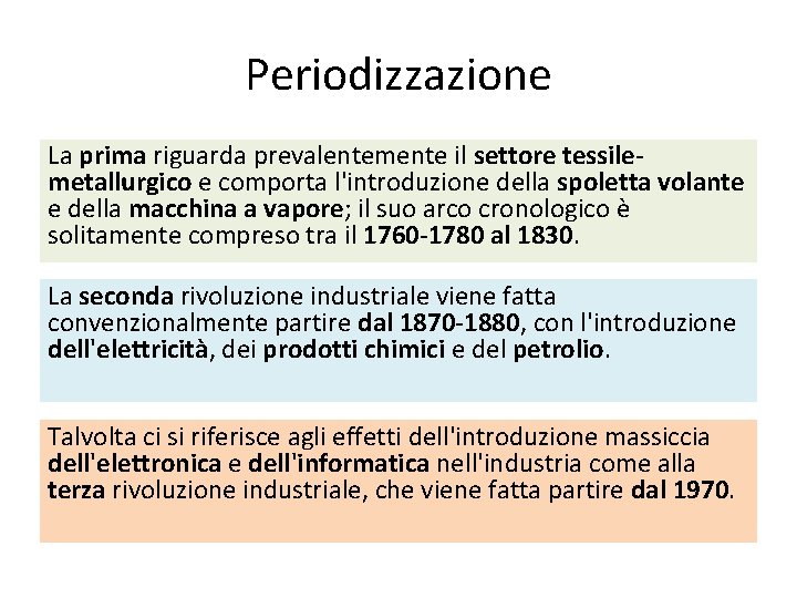 Periodizzazione La prima riguarda prevalentemente il settore tessilemetallurgico e comporta l'introduzione della spoletta volante