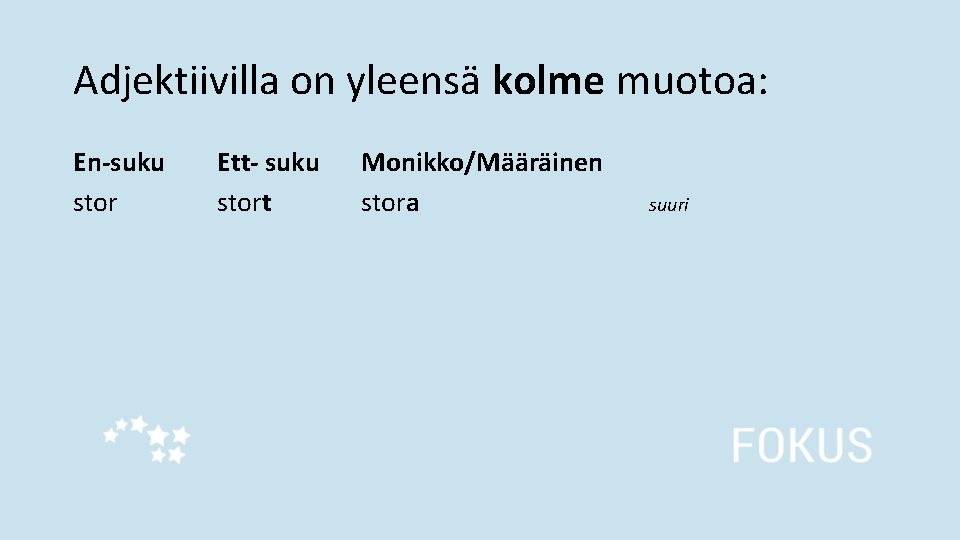 Adjektiivilla on yleensä kolme muotoa: En-suku stor Ett- suku stort Monikko/Määräinen stora suuri 