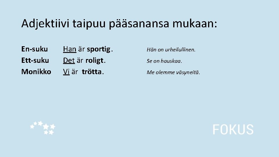 Adjektiivi taipuu pääsanansa mukaan: En-suku Ett-suku Monikko Han är sportig. Det är roligt. Vi