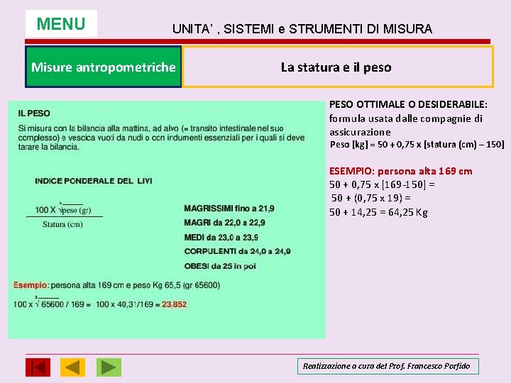 MENU UNITA’ , SISTEMI e STRUMENTI DI MISURA Misure antropometriche La statura e il MENU UNITA’ , SISTEMI e STRUMENTI DI MISURA Misure antropometriche La statura e il