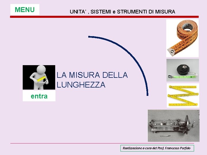 MENU UNITA’ , SISTEMI e STRUMENTI DI MISURA LA MISURA DELLA LUNGHEZZA entra Realizzazione MENU UNITA’ , SISTEMI e STRUMENTI DI MISURA LA MISURA DELLA LUNGHEZZA entra Realizzazione