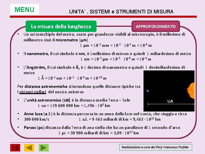 MENU UNITA’ , SISTEMI e STRUMENTI DI MISURA La misura della lunghezza APPROFONDIMENTO • MENU UNITA’ , SISTEMI e STRUMENTI DI MISURA La misura della lunghezza APPROFONDIMENTO •