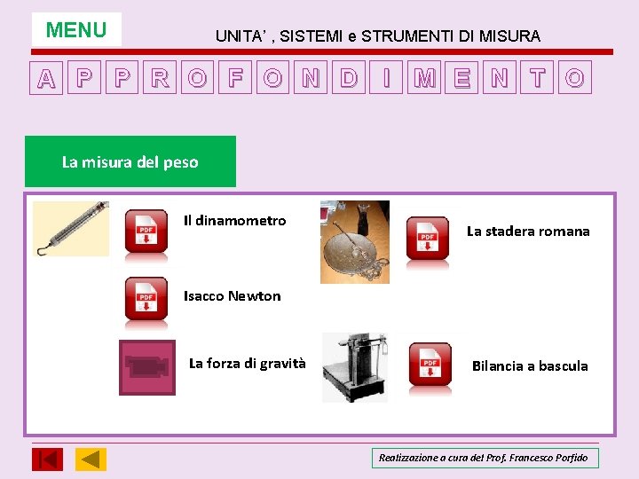 MENU UNITA’ , SISTEMI e STRUMENTI DI MISURA A P P R O F MENU UNITA’ , SISTEMI e STRUMENTI DI MISURA A P P R O F