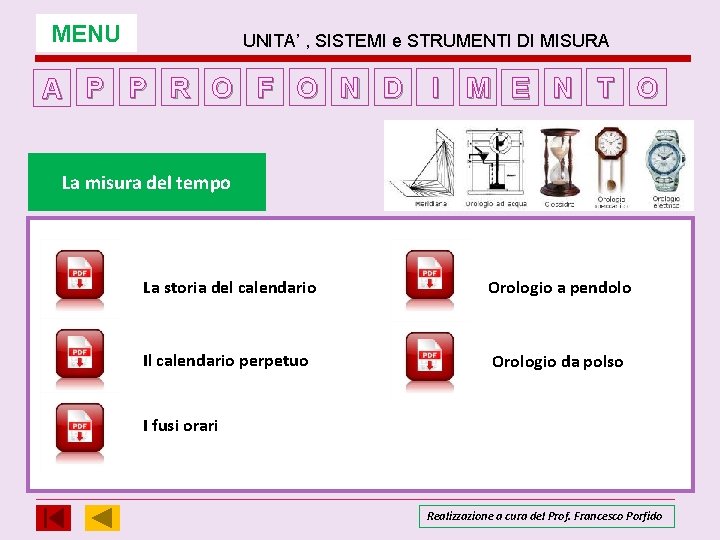 MENU UNITA’ , SISTEMI e STRUMENTI DI MISURA A P P R O F MENU UNITA’ , SISTEMI e STRUMENTI DI MISURA A P P R O F
