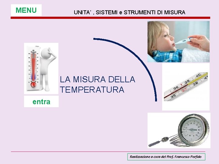 MENU UNITA’ , SISTEMI e STRUMENTI DI MISURA LA MISURA DELLA TEMPERATURA entra Realizzazione MENU UNITA’ , SISTEMI e STRUMENTI DI MISURA LA MISURA DELLA TEMPERATURA entra Realizzazione
