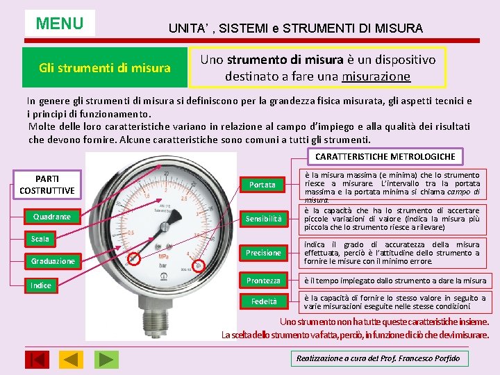 MENU UNITA’ , SISTEMI e STRUMENTI DI MISURA Gli strumenti di misura Uno strumento MENU UNITA’ , SISTEMI e STRUMENTI DI MISURA Gli strumenti di misura Uno strumento
