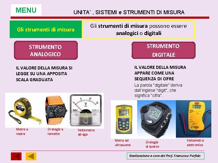 MENU UNITA’ , SISTEMI e STRUMENTI DI MISURA Gli strumenti di misura possono essere MENU UNITA’ , SISTEMI e STRUMENTI DI MISURA Gli strumenti di misura possono essere